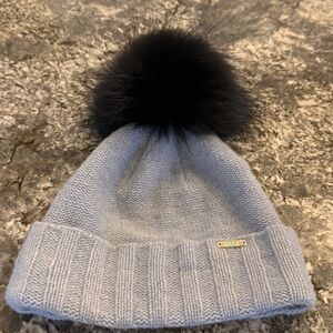 Frost Cashmere hat Light Blue Knit Hat with Black Pom-Pom